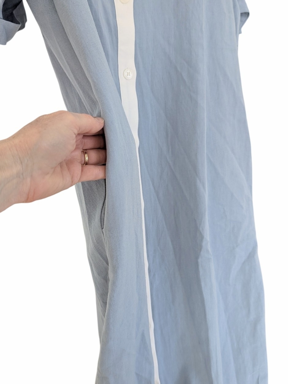 🔹 Modesees Chambray Blue Maxi Shirt Dress Colorblock Size L 🔹 - Picture 7 of 7